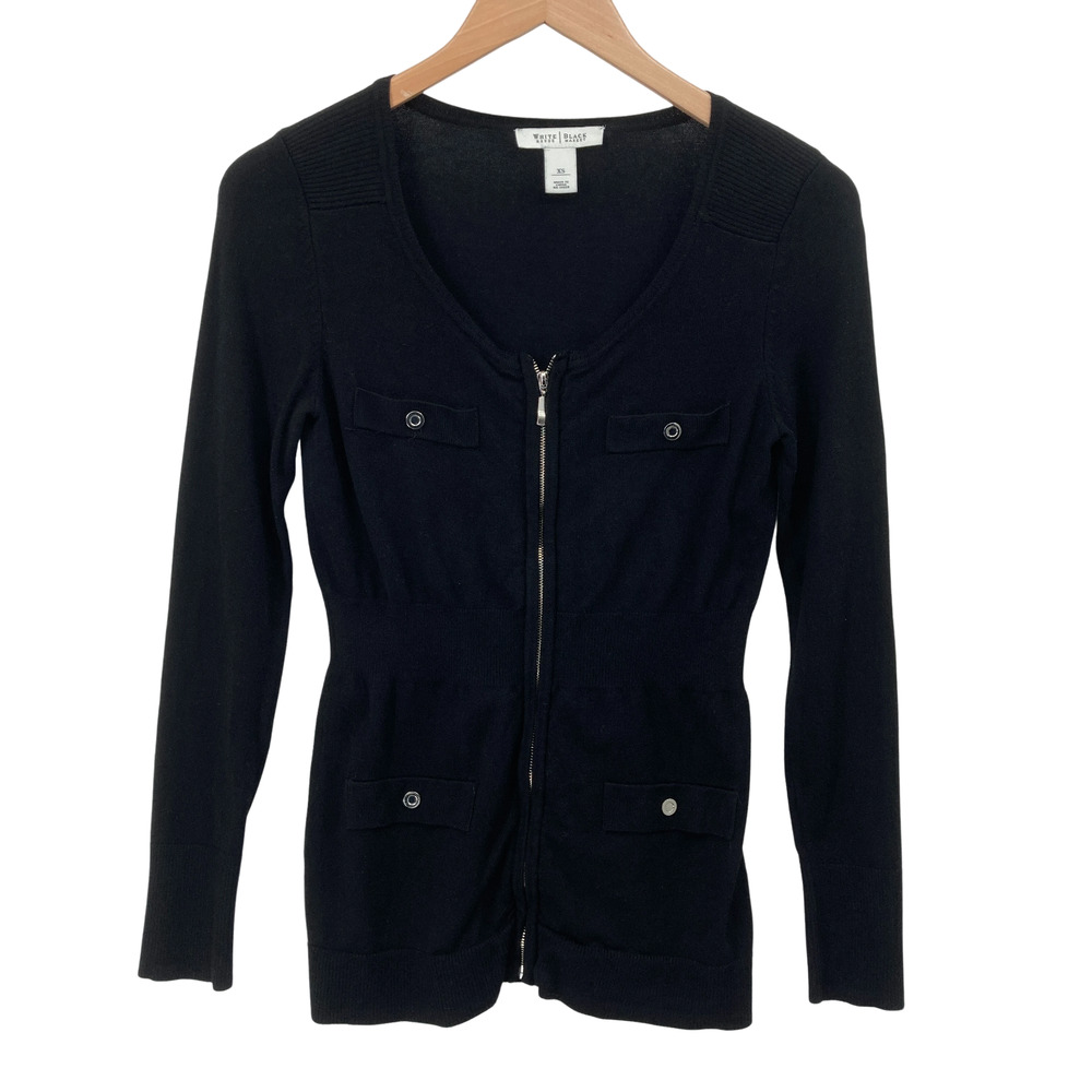 White House Black Market Black Zip Front Cardigan XS Military Style Pockets